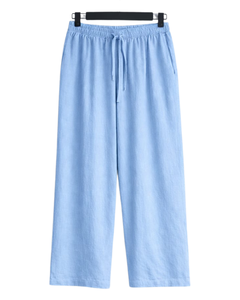 Ensemble deux pièces en lin bleu ciel pour femme, chemise à manches longues boutonnée et pantalon large à taille élastique, tenue décontractée - Product Image 6