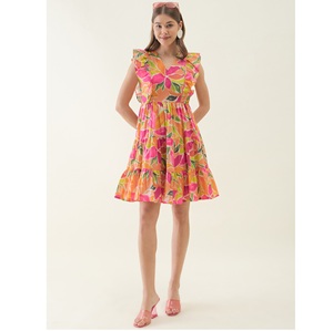 High Quality Multi Floral Printed Flared Mini Cambric <b>Dress</b> for Party Wear Summer Beach Holiday Daily Usage at Best Price - Product Image 1