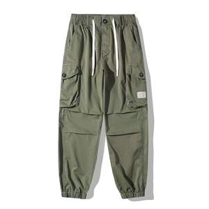 Pantalon cargo pour homme en toile respirante, couleur vert olive, taille élastique, plusieurs poches, style décontracté, pour l'automne - Product Image 3