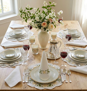 Sets de Napperons et Serviettes Ronds Brodés Floraux Lavables Personnalisés en Gros, Bordure Festonnée Blanche, en Coton, pour Événements Domestiques et Mariages - Product Image 4