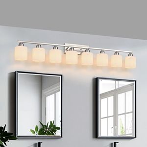 Lampada da Bagno Moderna a 8 Luci, 52 Pollici, in Nichel con Paralume in Vetro Bianco Latte, Illuminazione a Parete per Specchio - Product Image 2