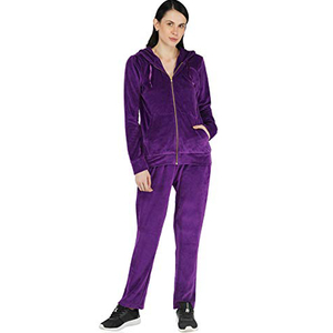 Women Purple <b>Velour</b> Tracksuit Hooded Full Zip <b>Sweatshirt</b> With Side Pockets Casual Autumn Wear - Product Image 1