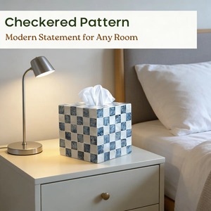 Ceramic Tissue <b>Box</b> Cover Checkerboard Blue White Modern Design Free Standing Ideal For Bathroom Decor And <b>Vanity</b> Counters - Product Image 2