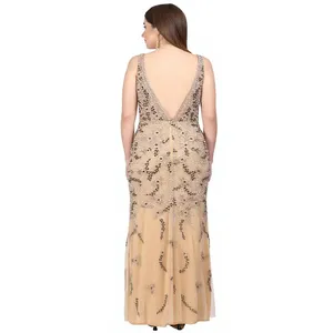 Skin Gold Evening Dress Sleeveless V Neck <b>Floor</b> <b>Length</b> Beaded Mesh Party <b>Gown</b> for Banquet Wedding - Product Image 2