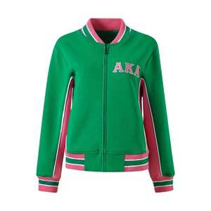 Chaqueta de calentamiento AKA Green Air Tech Fleece para mujer, con ribete rosa, bordado de chenilla con letras griegas, cremallera premium, corte atlético. - Product Image 1
