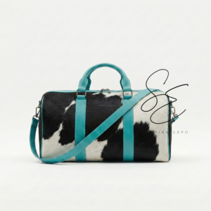 Western Cowhide Leather Duffel Bag Turquoise <b>Large</b> Capacity Weekender Travel Bag Hair-On Hide Crossbody Duffle for Men & Women - Product Image 3