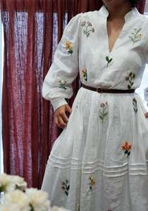 Robe longue blanche à col en V et manches longues, tissée, boutonnée, écologique, style bohème ample, en coton, décontractée, pour l'été, pour femme - Product Image 3
