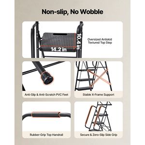 Scala Pieghevole a 5 Gradini con Ripiano, Pedali Antiscivolo Larghi, Vassoio Porta Attrezzi, Doppia Corrimano, Capacità 600 Libbre, Telaio in Acciaio Portatile - Product Image 3