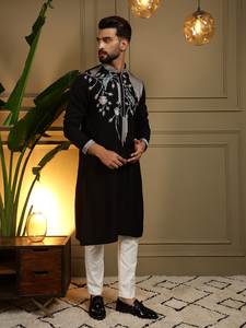 Nouvelle collection de kurtas en soie pour hommes, vêtements ethniques de créateurs, broderies, ensemble pyjama, grandes tailles disponibles, pour les fêtes - Product Image 3