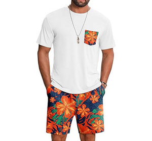 Ensemble t-shirt blanc à motif floral et short imprimé pour homme, tenue décontractée d'été, col rond, tricoté, 100% coton respirant - Product Image 1