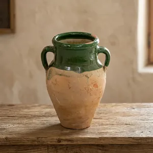 Jarrón de Cerámica de Terracota Verde Glaseado Estilo Vintage con Asas, Decoración Rústica Mediterránea para el Hogar - Product Image 1