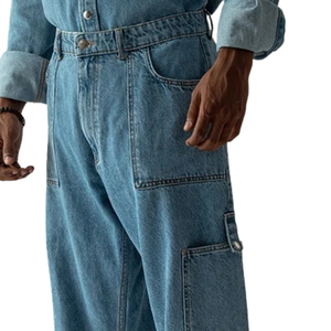 Jean cargo homme coupe droite en denim délavé clair avec poches utilitaires, jambe large, style streetwear décontracté, pour le quotidien - Product Image 3