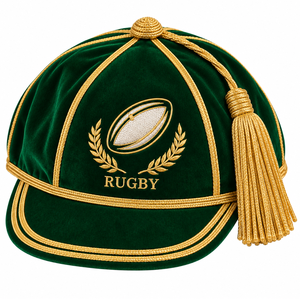 Casquettes d'honneur en velours pour club de rugby avec passepoil métallique doré, tresses et pompons – Casquette d'honneur respirante pour le rugby - Product Image 6