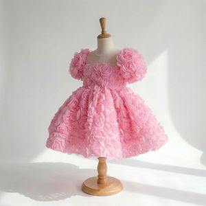 Vestido de tul con mangas abullonadas y encaje para fiesta de cumpleaños, desfile, baile de gala, vestido de princesa rosa de lujo para niñas, con flores 3D, diseño floral, premium. - Product Image 2
