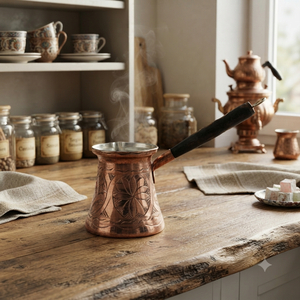 Cafetera Turca de Cobre Grabada a Mano con Patrón Floral, Cezve, Ibrik Árabe, Briki Griega, Calentador de Leche para Estufa con Mango de Madera Oscura - Product Image 4