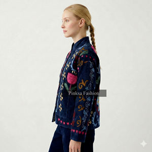 Fait main, esthétique bohème, brodé, velours bleu, coton, séchage rapide, respirant, écologique, luxe pour femme, motif floral, automne - Product Image 3