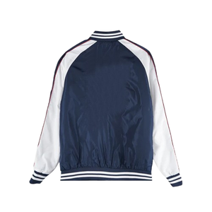 เสื้อแจ็คเก็ตบอมเบอร์สีน้ำเงินกรมท่าขาวสำหรับผู้ชาย หนัง PU กันลม แขนยาว ปิดซิปด้านหน้า มีโลโก้ สไตล์ลำลอง ใส่ได้ในฤดูใบไม้ร่วง - Product Image 2