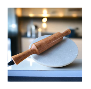 <b>White</b> Marble Rolling <b>Board</b> and Wood Rolling <b>Pin</b> Prime Quality Marble Roti Roller Round Shape Chakla Belan - Product Image 4