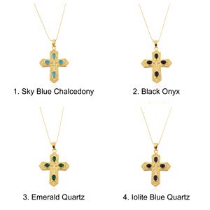 Hip hop <b>necklace</b> oval cut iolite blue quartz <b>crucifix</b> cross pendant <b>necklace</b> solid brass 18k gold plated fashion <b>women</b> <b>necklace</b> - Product Image 2