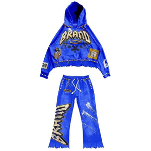 Conjunto de Dos Piezas de Chándal Azul Rey Y2K con Logotipo Personalizado para Hombre, Sudadera Corta con Estampado Vintage y Pantalones Acampanados de Forro Polar Grueso - Product Image 1