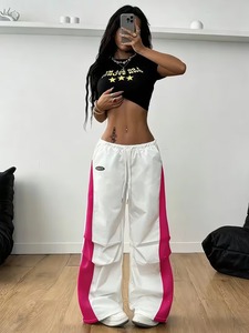 Women's <b>Summer</b> Flat Front Oversized Wide-Leg <b>Pants</b>-White & Pink Color Block Trousers with Drawstring Waist 100% Cotton - Product Image 5