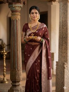 Sari indien ethnique de luxe en soie de litchi douce, imprimé feuille d'or, avec chemisier à motif quadrillé contrastant, pour mariage traditionnel et style Antra, idéal pour l'hiver et le soleil. - Product Image 3