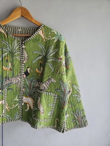 Green <b>Animal</b> Print Quilted Jacket With Batwing Sleeves And Patch Pockets Bohemian Style Summer Outerwear gift <b>for</b> her - Product Image 3