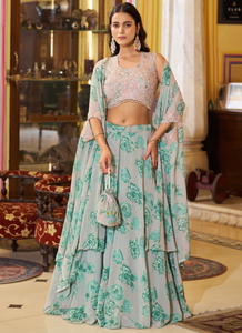 Conjunto de Lehenga de Georgette para Mujer, Completamente Cosido, con Bordado de Hilo y Batwa - Product Image 1