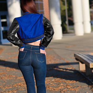 Veste courte universitaire pour femme, bleu roi, style Letterman, avec manches en similicuir, manteau bomber décontracté, mode féminine - Product Image 6