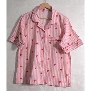Women Pink Striped Heart Print Cotton Pajama Set Short Sleeve Turn-Down Collar <b>Button</b> Fly Sleepwear Casual Spring - Product Image 5