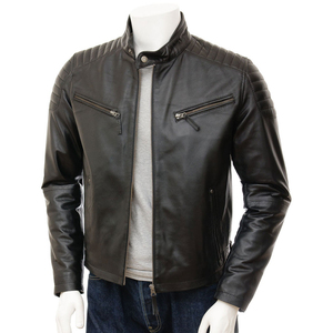 Men's Genuine Leather Motorcycle Jacket Turn-<b>down</b> Collar Zipper Closure Solid Color Slim Fit Autumn Wear - Product Image 2