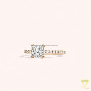 Anillo de compromiso de moissanita con corte princesa, banda pavé, solitario, oro rosa, anillo de promesa nupcial para mujer - Product Image 5