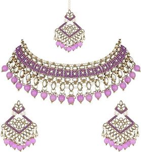 Parure Collier et Boucles d'Oreilles en Alliage Plaqué Or Antique avec Zircon Violet et Perles – Bijoux de Mariage Vintage pour Femme - Product Image 1