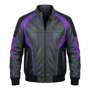Blouson Bomber en Cuir Noir à Rayures Violettes pour Homme, Col Montant, Poignets en Tricot Côtelé, Vêtement d'Extérieur Moto, Vente en Gros Personnalisée - Product Image 1