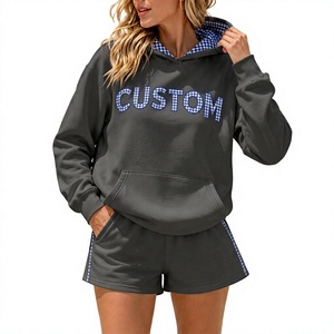 Custom Charcoal Grey Women Cotton 2Piece Loungewear <b>Set</b> Contrast Gingham Lined Hoodie Plaid Letter Patch <b>Embroidery</b> Tracksuits - Product Image 2