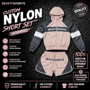 REXFIT SPORTS 2026 Custom Beige <b>Black</b> Nylon <b>Windbreaker</b> Jacket and Shorts Set Private Label Streetwear Sportswear - Product Image 1