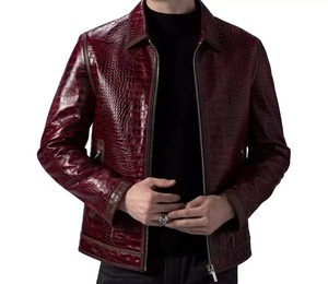 Veste en cuir pour homme, rouge, effet croco, style motard, fermeture éclair sur le devant, col rabattu, mode automne - Product Image 1