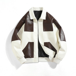 Veste en cuir pour homme à blocs de couleur, manches longues, style automne, vêtements de moto pour adultes - Product Image 3