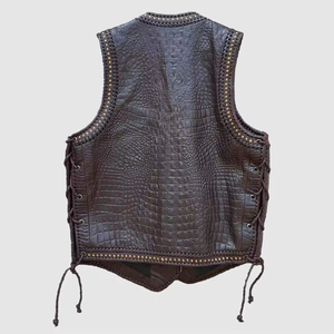 Gilet sans manches en cuir véritable pour homme, style motard, couleur unie, décoration à rivets, vêtement d'extérieur d'automne, coupe classique - Product Image 1