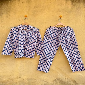 Conjunto de Pijama de Algodón Tejido con Estampado Floral, Manga Larga, Cintura Elástica, Cuello Camisero, Ropa de Dormir Informal de Verano para Mujer - Product Image 1