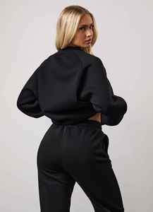 Conjunto Deportivo Informal para Mujer, Color Negro Sólido, Cuello Redondo, Corte Holgado, Manga Larga, para Otoño, Fabricante OEM ODM - Product Image 4