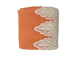 Tissu brodé en coton orange de haute qualité avec bordure ajourée blanche, broderie lourde effet dentelle festonnée, matière tissée pour robe - Product Image 5