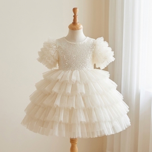 Robe de Princesse de Luxe Ivoire pour Filles, Robe de Soirée en Tulle Superposé et Paillettes, Robe d'Anniversaire Couture à Manches Bouffantes, Personnalisable OEM ODM - Product Image 1