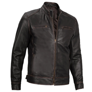 Men's Brown Genuine Leather Moto Biker Jacket Stand Collar Zipper Closure Autumn Wear Regular Fit Solid Color - Product Image 5