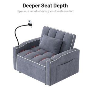 Corduroy Pull-Out <b>Sleeper</b> Chair with Pillow Brushed Stainless Steel Cup Holder Phone Stand and USB Charging Port <b>Sofa</b> Bed - Product Image 4