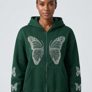 Sweat-shirt à capuche court pour femme, vert foncé, orné de strass et de papillons, fermeture éclair, style streetwear tendance - Product Image 6