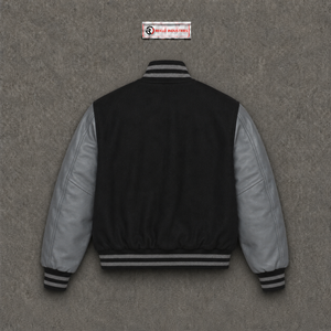 Chaqueta Varsity Negra y Gris para Hombre, Cuerpo de Lana, Mangas de Cuero Sintético, Cuello Camisero, Estilo Casual para Otoño - Product Image 6