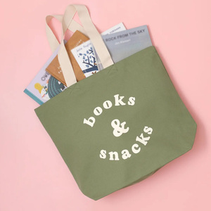 <b>Books</b> & Snacks Canvas <b>Tote</b> Bag Large Size Shoulder Handle Shopping Bag Daily Use Green Color Letter Print Design <b>Tote</b> Bag - Product Image 2