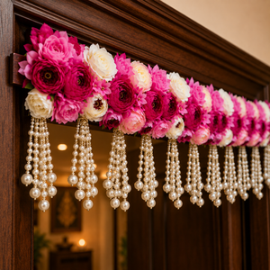 Premium Pink <b>White</b> Floral Toran with Cascading Pearl Tassels Decorative Door <b>Hanging</b> for Wedding Festival and Home Decor - Product Image 2