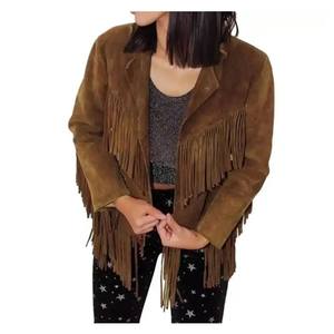 Women's Brown <b>Suede</b> Fringed Motorcycle <b>Jacket</b> with Turn-Down Collar Full Sleeve Winter Style Windproof Solid - Product Image 3